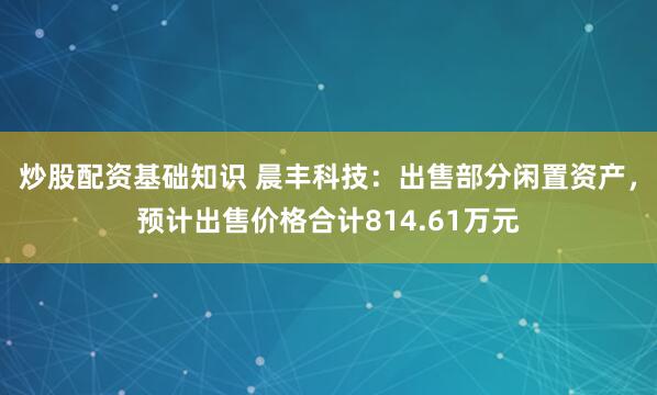 炒股配资基础知识 晨丰科技：出售部分闲置资产，预计出售价格合计814.61万元